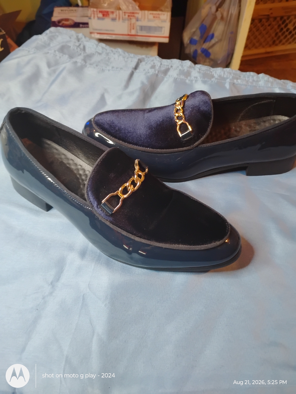 Men's Velvet Chain-Trim Loafers in Navy
